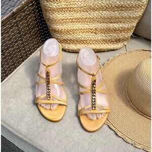 Stuart Weitzman Gold Chain T-Strap Sandals Wedge Heel Size 8.5 (Fits 9)